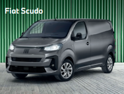 Die Aufnahme zeigt einen modernen, anthrazitgrauen Kastenwagen, den Fiat Scudo, der leicht schräg von vorne aufgenommen wurde. Er hat ein schwarzes Dach, eine geschlossene, aerodynamische Front mit schmalen, leuchtenden LED-Scheinwerfern und ein schwarzes Fiat-Emblem. Das Fahrzeug steht vor einem Hintergrund aus vertikalen, hellgrünen Streben.