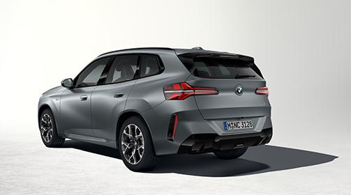 Grauer BMW X3 in Heck-Seitenansicht vor hellem Hintergrund