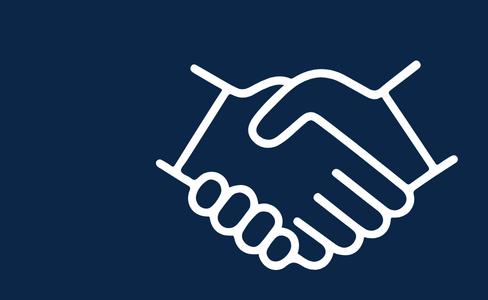 Weißes Handschlag-Symbol auf dunkelblauem Hintergrund als Symbol für Geschäftskunden und Partnerschaft.