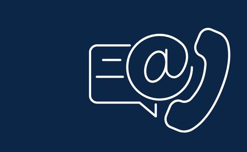 Weißes Symbol mit Telefonhörer, Nachricht und E-Mail-Zeichen auf dunkelblauem Hintergrund.
