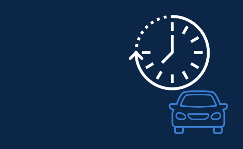 Uhr mit Pfeil und Fahrzeug-Symbol als Darstellung einer flexiblen Langzeitmiete und Lieferzeitüberbrückung.