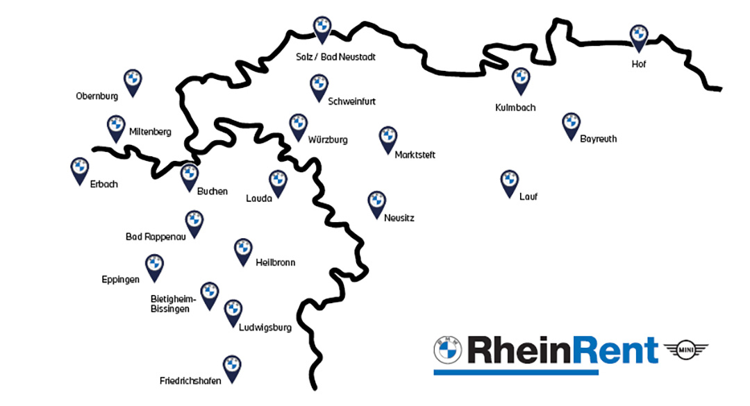 Karte der Rhein Rent Standorte mit BMW Standortmarkierungen von Süddeutschland bis nach Oberfranken.